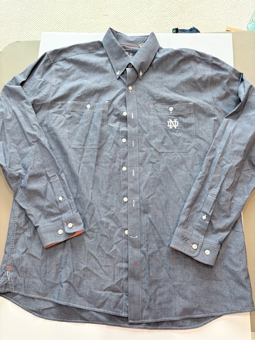 Cutter & Buck Men's Chambray Button-Down Shirt in Denim Blue Notre Dame